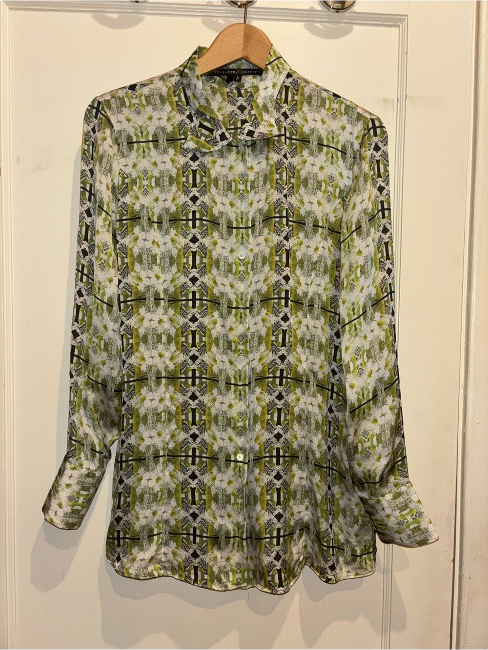 Theyskens' Theory Olive & White Patterned Silk Button-Up Shirt